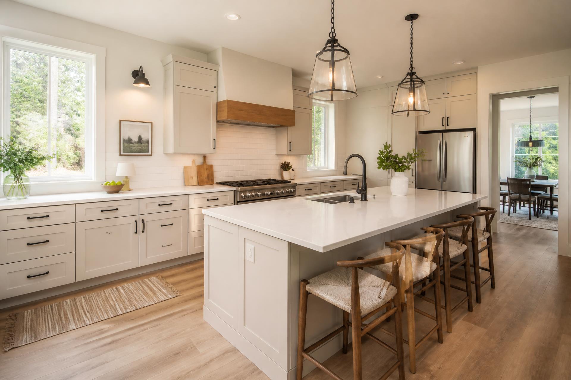 Remodeled kitchen with white cabinets, quartz counters, and luxury vinyl plank flooring